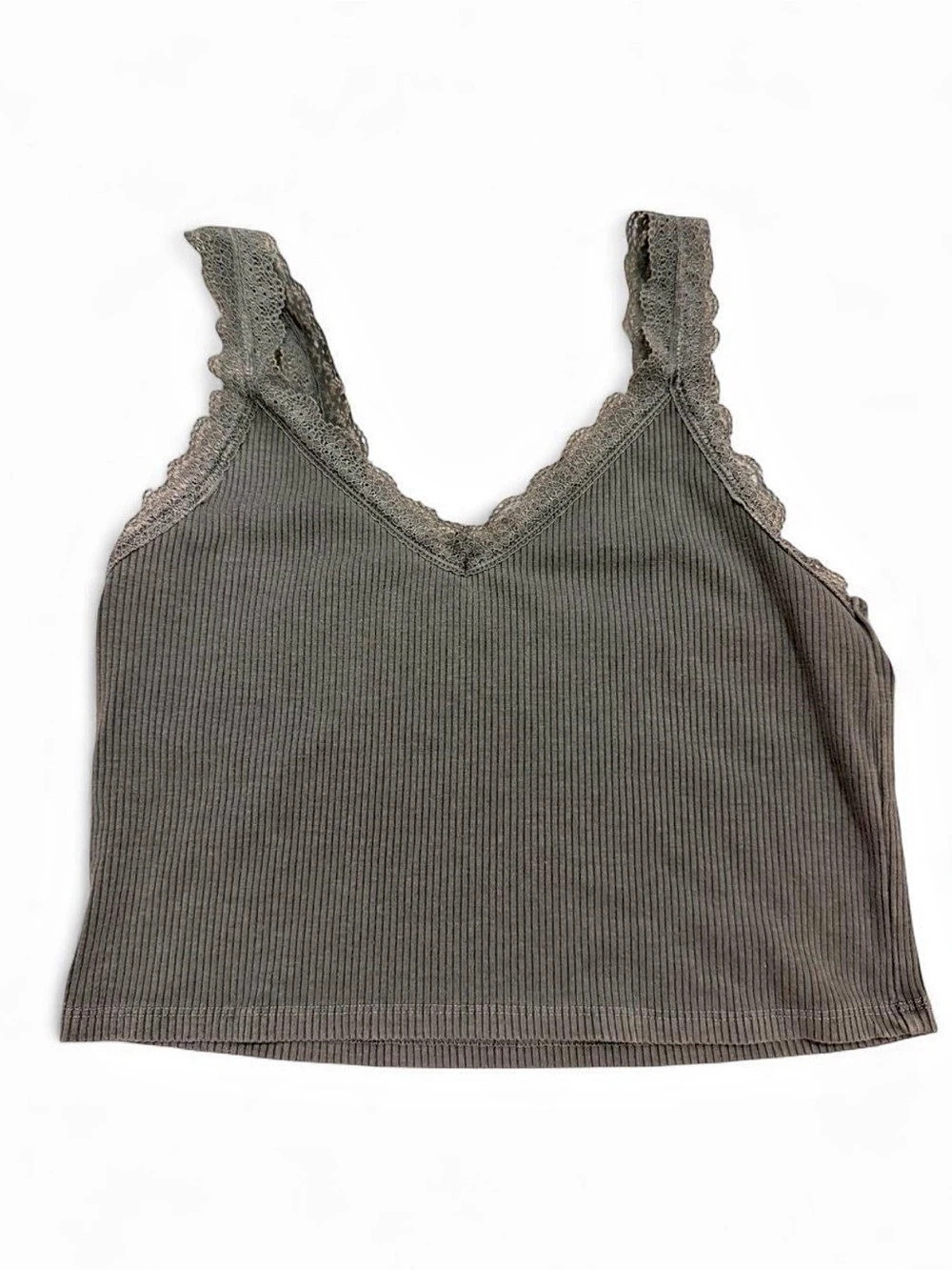American Eagle AE Lace-Trim Scoop Neck Tank Ribbed Camisole in Green M
